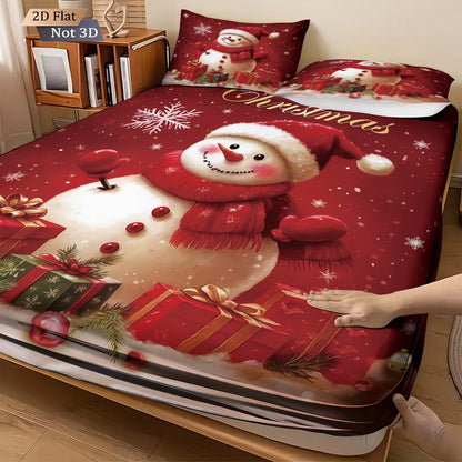 Jogo de Cama Estampado Boneco de Neve de Natal Vermelho de 3 Peças sem Chip, Vários Tamanhos, Capa de Cama Macia, Decoração para Quarto, Lavável à Máquina