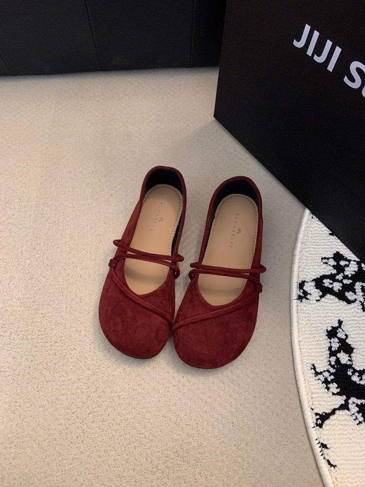 Women's Elegant Brown Mary Jane Flats French-Style Suede Loafers Spring/Autumn Collection Flat Shoes for Casual Wear