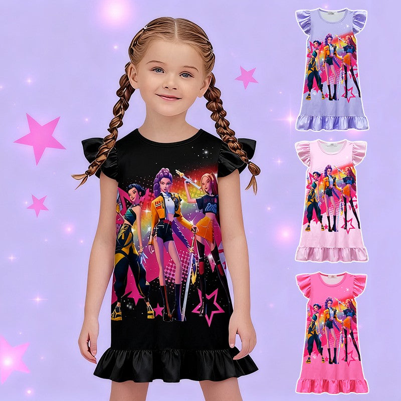 K-POP Demo Hunte Printed Sleeping Skirt Big Butterfly Sleeve Loose Pajamas Children Girls Sleeping Clothing Casual Home Wear
