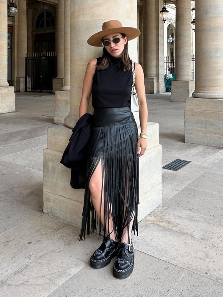 Tassel Leather Midi Skirt Women Solid High Street High-waist A-line Bodycon Long Skirts Spring Summer 2026 Chic All-match Outfit