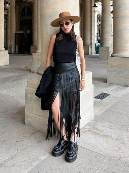 Tassel Leather Midi Skirt Women Solid High Street High-waist A-line Bodycon Long Skirts Spring Summer 2026 Chic All-match Outfit