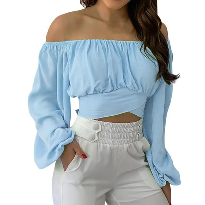 Women Sexy Off Shoulder Long Sleeve Top Self Tie Knot Crop Top Blouse Solid Color WoMen's Blouses Y2k Female Summer Shirts ????