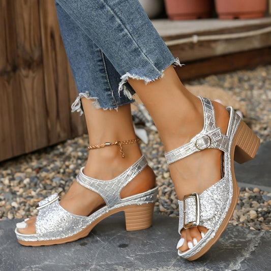 Women's Shiny Sequin High Heels Sandals Summer Ankle Buckle Beach Sandals Casual Woman Plus Size 43 Women's Shoes