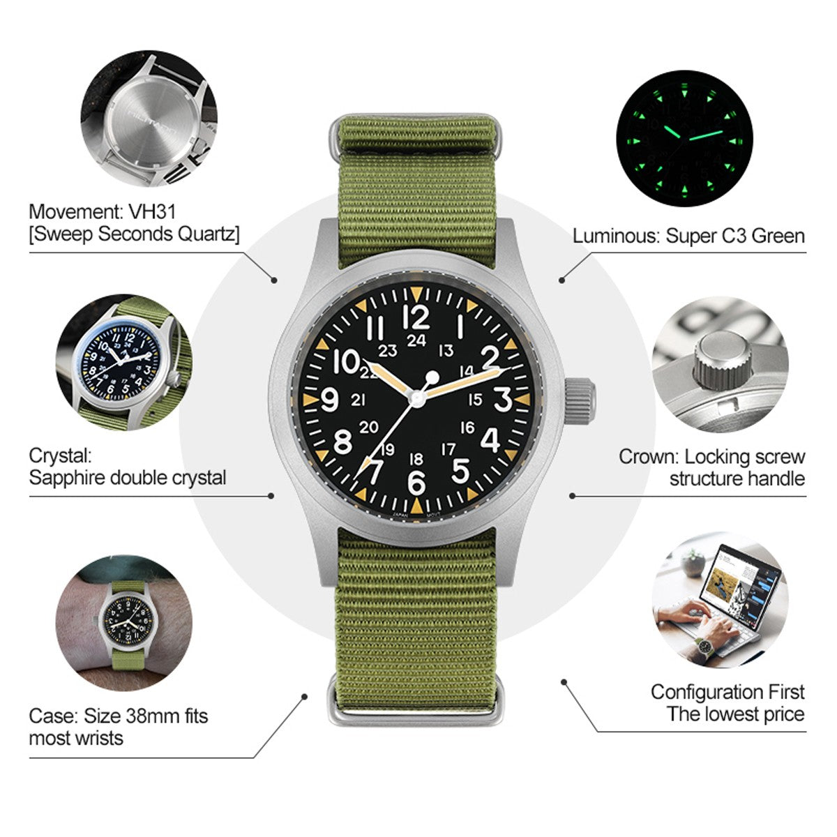 Militado Ml05 Vintage Field Watch VH31 Sweep Second Quartz Movement Sapphire Crystal High Clear AR Coating Luminous 38Mm Watches