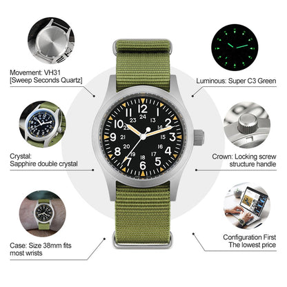 Militado Ml05 Vintage Field Watch VH31 Sweep Second Quartz Movement Sapphire Crystal High Clear AR Coating Luminous 38Mm Watches