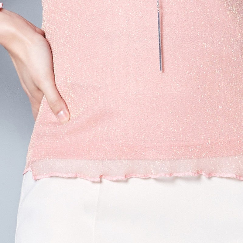 2025 Glitter Mesh Blouse Sexy Womens Shirts Long Sleeve Tops Korean Black Pink O-Neck Elegant Slim Blouse Camisas Femininas