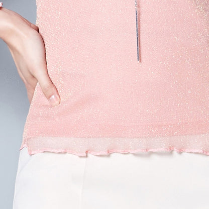 2025 Glitter Mesh Blouse Sexy Womens Shirts Long Sleeve Tops Korean Black Pink O-Neck Elegant Slim Blouse Camisas Femininas
