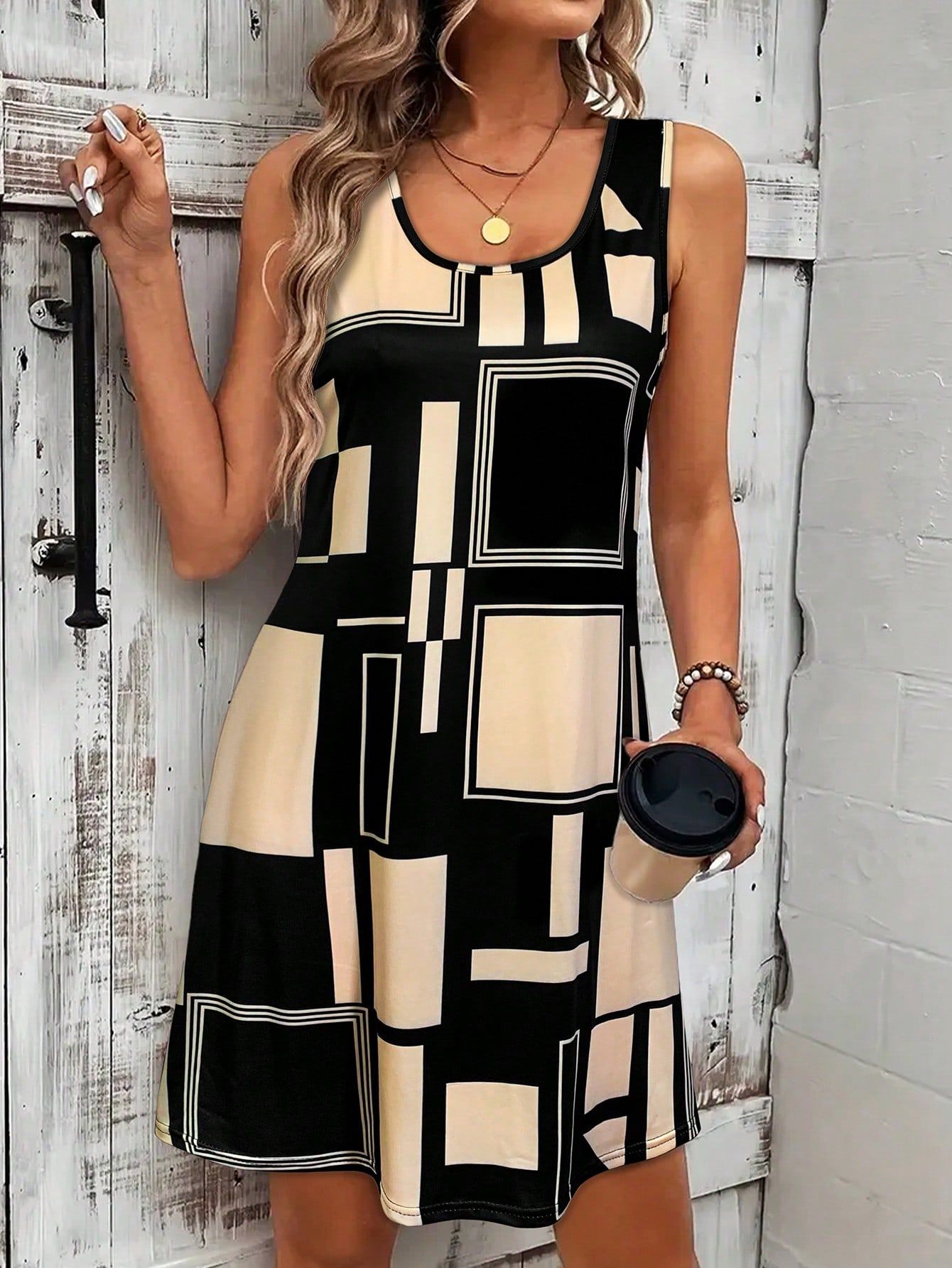 Geometric Pattern Sleeveless Dress For Women‘s Summer Clothes,Black Women Midi