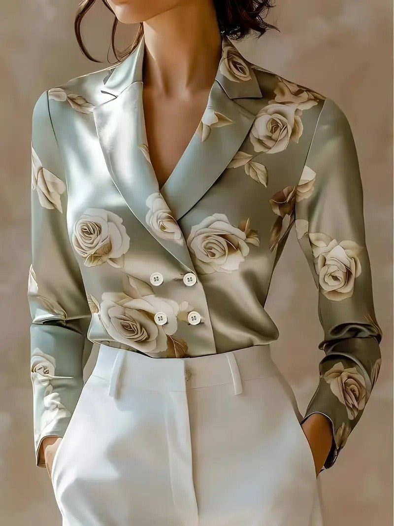 Fashion Flower Print Shirts For Women 2025 Autumn Winter Long Sleeve Turn-down Collar Loose Blouses Tops Elegant