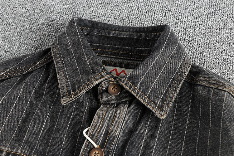 Heavy British retro black gray striped denim shirt for men new autumn end single cargo pocket shirt coat