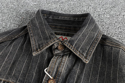 Heavy British retro black gray striped denim shirt for men new autumn end single cargo pocket shirt coat