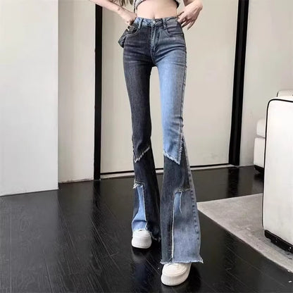 Women Contrast Patchwork Flared Jeans Ladies Stretch High Waist Skinny Boot-Cut Trousers Mujer Fashion Denim Pants Size S-2XL