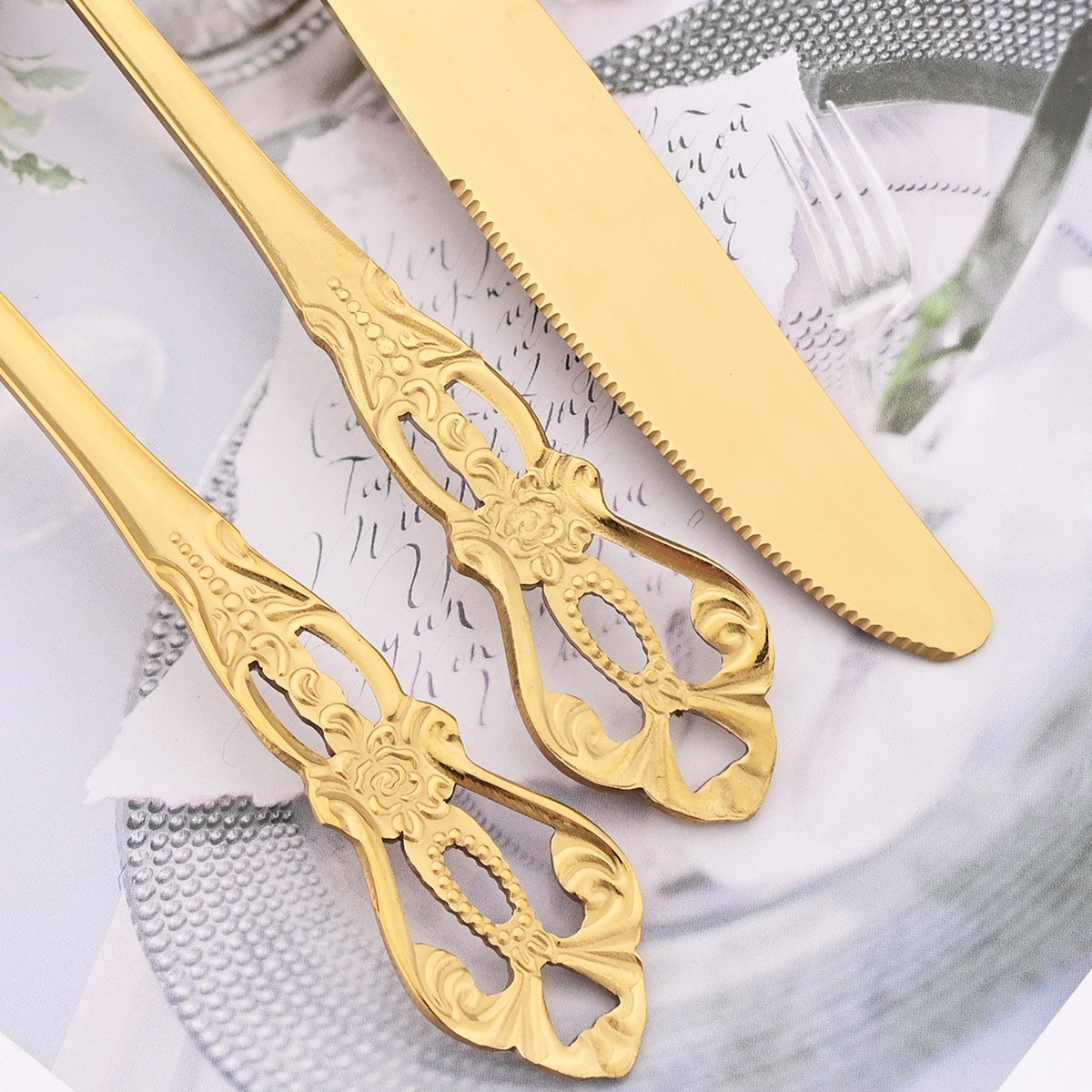 Mirror 24Pcs Vintage Dinnerware Set Stainless Steel Cutlery Set Knives Fork Teaspoon Tableware Kitchen Flatware Silverware Set