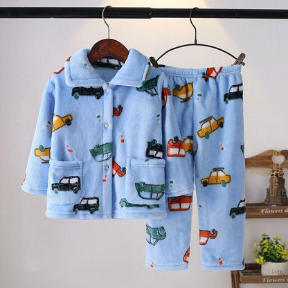 High Quality Coral Fleece Flannel Cute Cartoon Pattern Pajama Sets Boys and Girls Long Sleeve Warm Comfortable Winter Sleepwear