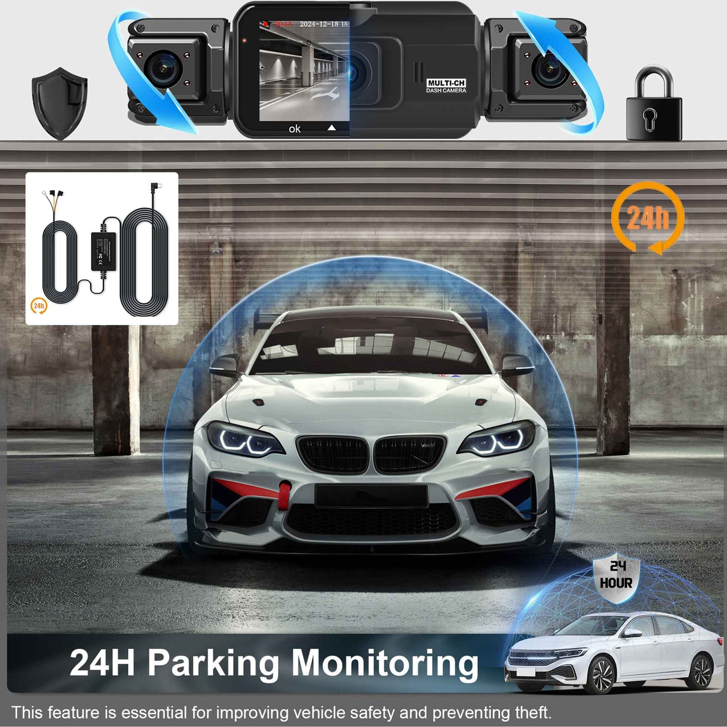 Câmera automotiva (Dashcam) 4 canais Black Box WiFi Câmera de condução FHD 1080P Visão Noturna Gravação em Loop adiciona kit de fiação acessórios automotivos