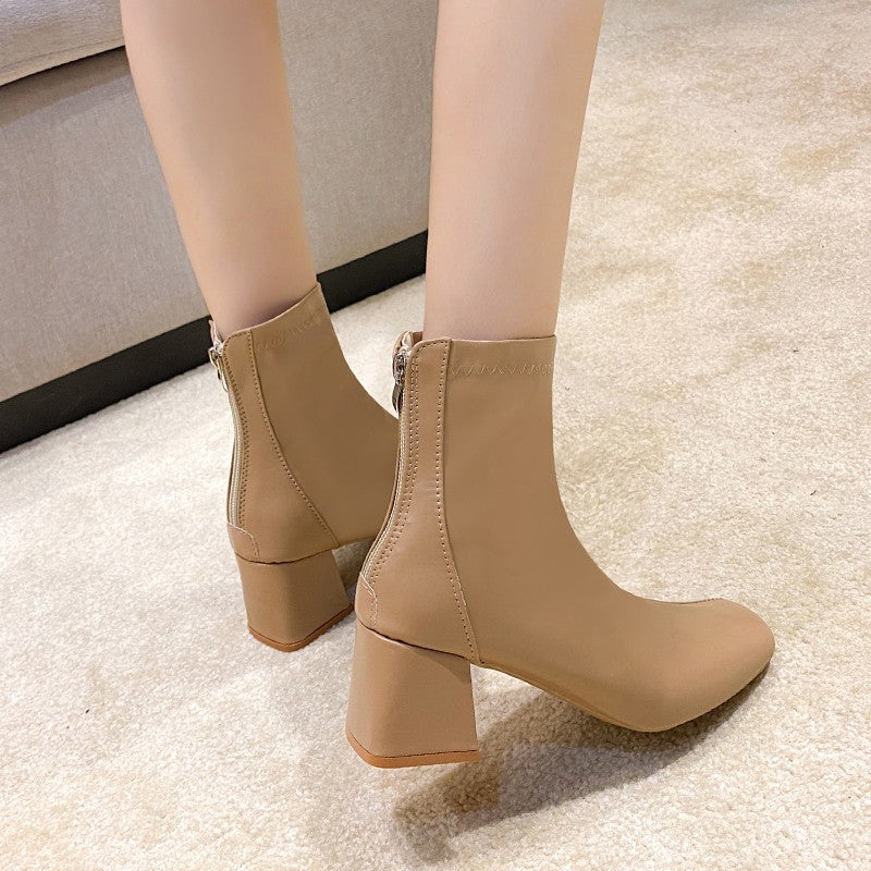Casual Women's Thick Heel Medium Heel Boots Women's 2025 New Winter Square Toe Back Zipper Heightening Short Boots