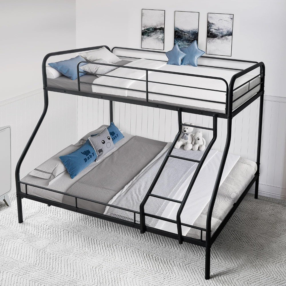 Twin Over Full Metal Bunk Bed with Safety Guardrails, 800 lbs Capacity, Angled Ladder, Underbed Storage, Black, Moder