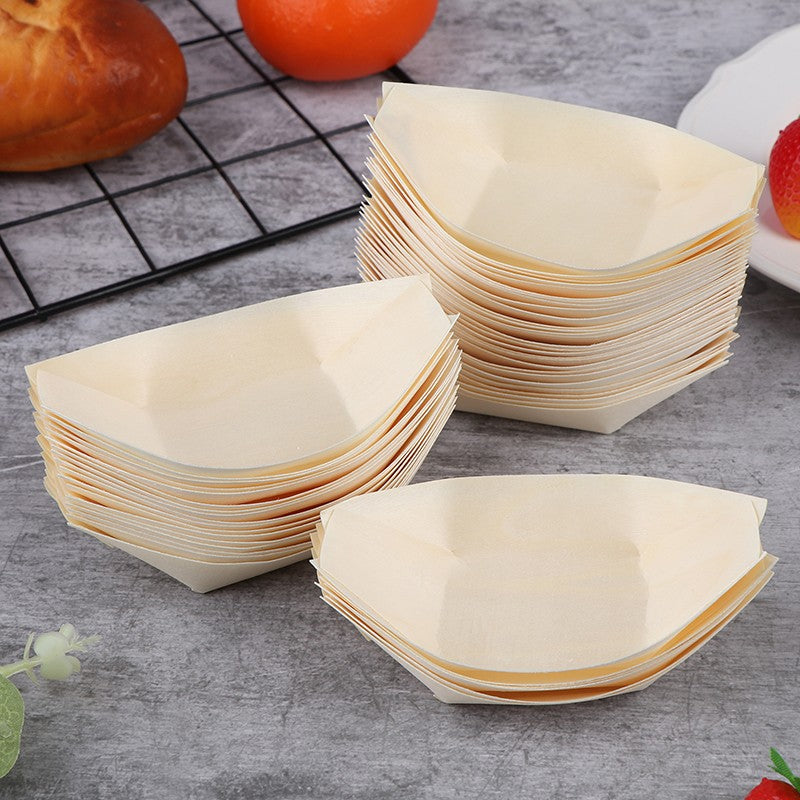 50Pcs Wood Boats Plates Sushi Salad Dessert Bowl Wood Serving Bowl Disposable Sushi Serving Trays Sushi Boat Plates