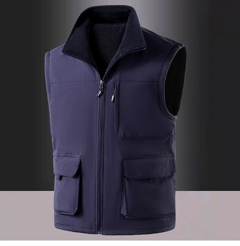 Colete de Pesca Masculino de Veludo Outono e Primavera Novo, Casaco de Veludo para Homem, Colete de Trabalho Solto e Moderno com Vários Bolsos para Homens de Meia-Idade