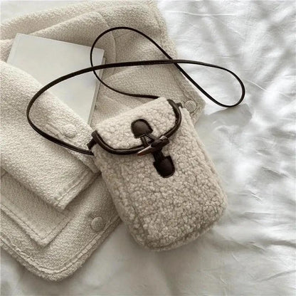 1 Pcs Women's Retro Lamb Fleece Bag Color Blocking Minimalist Mobile Phone Bag Single Shoulder Crossbody Small Bag