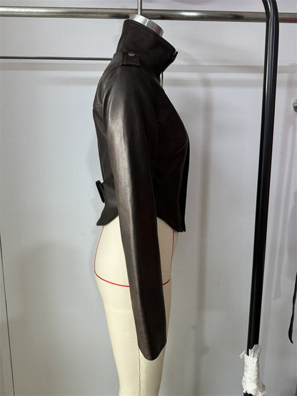 Vintage Women's Cropped Faux Leather Jacket Stand Collar Balloon Sleeve Biker Style PU Leather Coat Streetwear Fashion Outfit