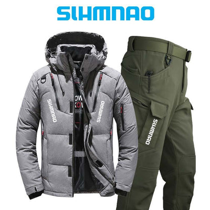 Conjunto de Pesca Quente e Resistente ao Vento e ao Frio de Inverno, Jaqueta Externa Quente, Jaqueta Grossa de Pluma de Ganso e Calças Táticas 2025