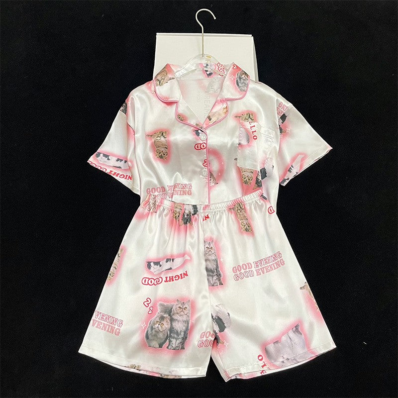 Romantic Women Nightwear Cute Cat Print Short Sleeve Shorts Thin Pajamas Women Cardigan Breathable Student Homewear 2 Piece Set