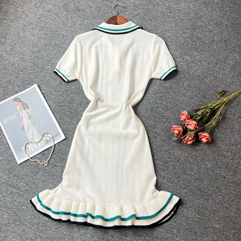 YuooMuoo Women Dress 2025 Summer Vintage Turn-down Collar Knitted Mini Dress Lad