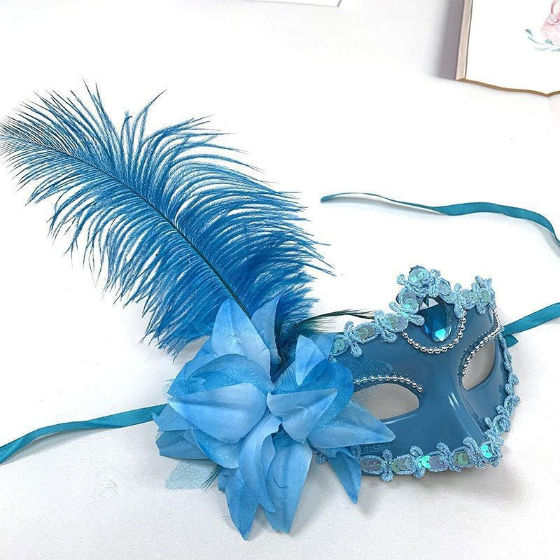 Feather Rhinestones Masquerade Mask Lace Women Flower Fashion Half Face Sexy Halloween Christmas Easter Cosplay Party Prom White
