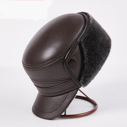 Men's Genuine Leather Duckbill Hat Winter Thickened Warm Outdoor Earflap Cotton Cap Elderly Real Leather Hat Cowhide Warm