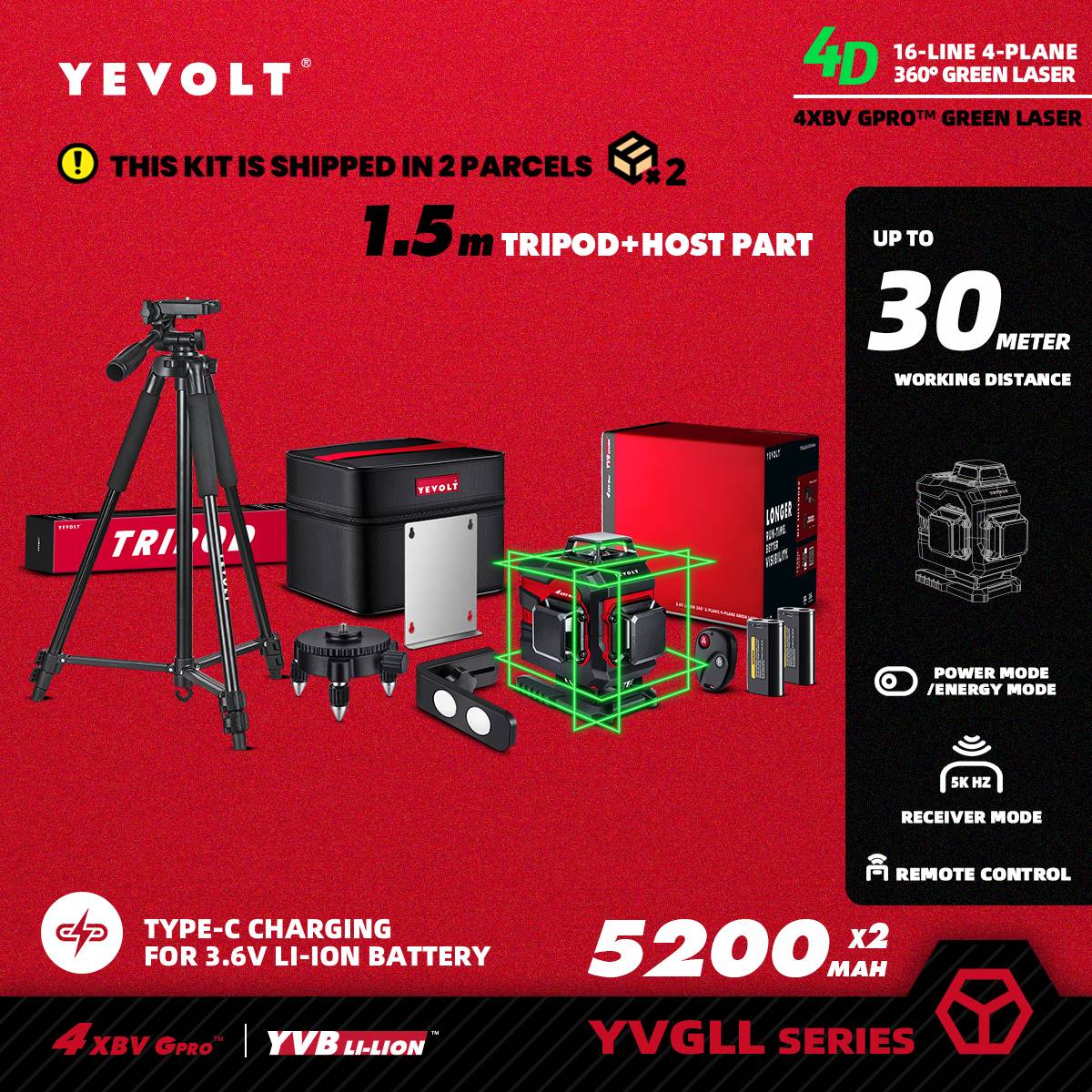 Nível a Laser Verde YEVOLT YVGLL4XS16 Series 4 Planos 16 Linhas Autonivelante 360 3D Ferramentas de Medição de Potência Horizontal e Vertical