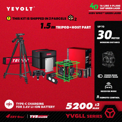 Nível a Laser Verde YEVOLT YVGLL4XS16 Series 4 Planos 16 Linhas Autonivelante 360 3D Ferramentas de Medição de Potência Horizontal e Vertical