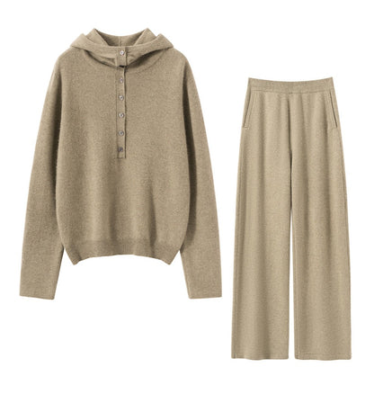 Autumn Winter New 100% Pure Cashmere Women Half Open Front Hoodie Set Knitted Two Piece Pullover Knitwear Wide Leg Pants