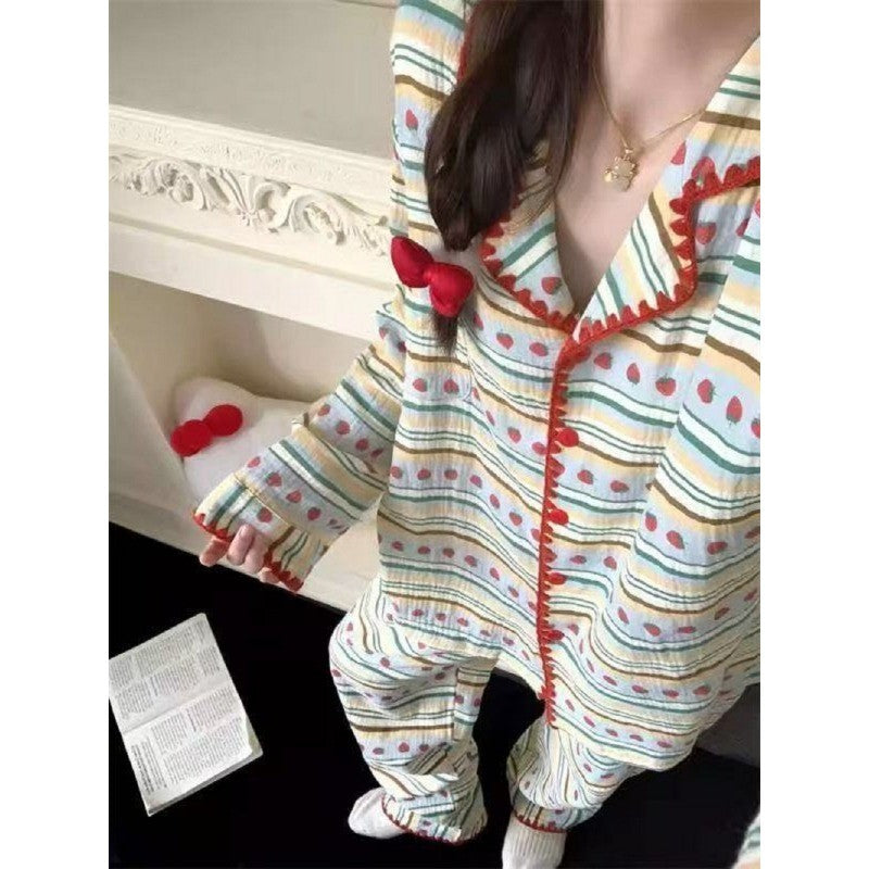 Plus Size Pajamas 2 Pieces Set Y2K Striped Strawberry Print Casual Korean Sweet Soft Women's Pajamas Autumn Winter New Homewear