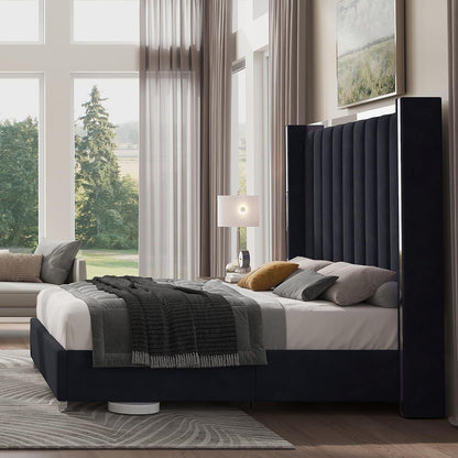 Estrutura de Cama Queen Size com Cabeceira de 147 cm de Altura, Cama Plataforma Estofada em Veludo com Cabeceira de Asas com Capitonê Canalizado e