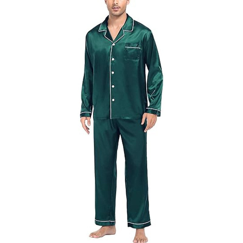 2PCS/Set Plus Size Solid Long-Sleeved Pyjamas Men Spring and Autumn Silk Sleepwear Homewear Cardigan Lapel Trousers Nightwear