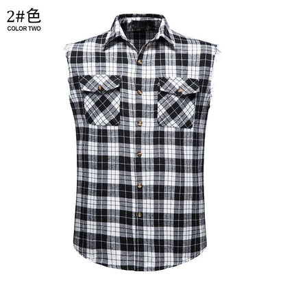 Men's Casual Flannel Plaid Sleeveless Shirt New Double Pocket Cowboy Button Down Shirts Men Cotton Plus Size Vest Checkered Top