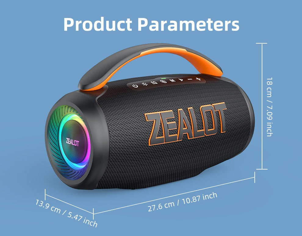 Caixa de Som Portátil Bluetooth Zealot P12 60W com IPX6 à Prova d'Água, Alça Confortável, Iluminação Controlável, TWS, AUX