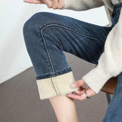 Women's Winter Fleece Warm Jeans Retro Elastic Thickened Comfortable Straight Fashion Korean Casual Female Velvet Denim Pants