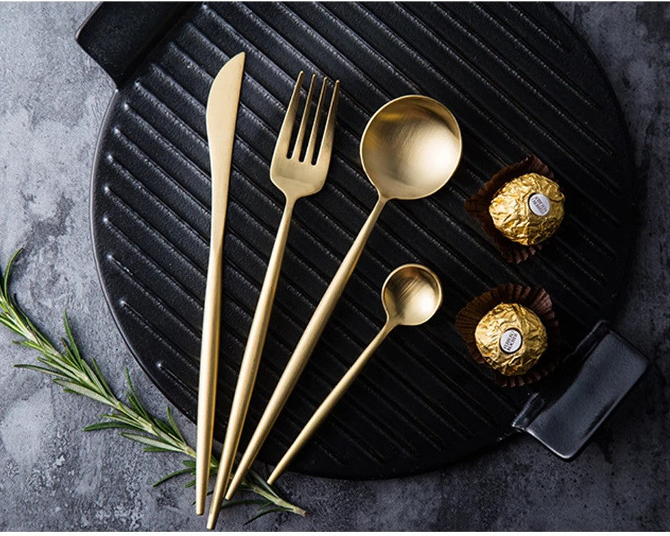 Conjunto de Talheres 24 Peças Aço Inoxidável Preto Dourado Faca Garfo Colher Talheres Ocidentais Prata Utensílios de Mesa