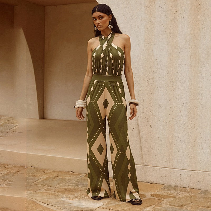 Women Bikini Push Up Swimsuit Halter Neck Geometric Pattern Print One Piece Swimsuit Backless Summer Swimwear Bathing Suit