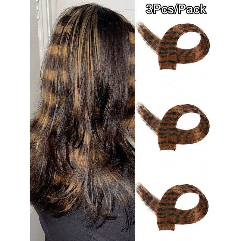 3Pcs Leopard Print Hair Extensions Synthetic Stripe Printed Hair Piece Colorful Long Straight Clip In Hair For Women Girls Party