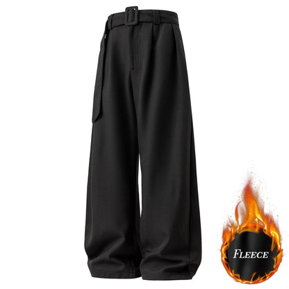 Men's Pleated Drape Curved-Leg Trousers Loose-Fit Straight-Leg Pants Retro-Style Belted Casual Pants