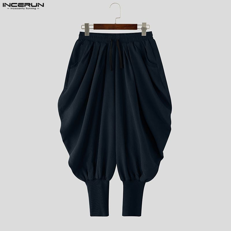 INCERUN Men Pants Solid Color Drawstring Joggers Casual Male Harem Pants Streetwear Loose Fashion Leisure Trousers Men S-5XL