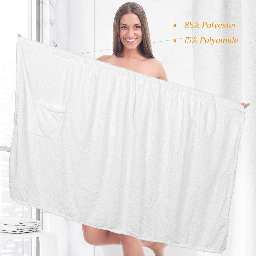 Lightweight Women's Waffle Spa Wraps with Pockets, Adjustable Closure for Bath and Shower Towel Wraps in White