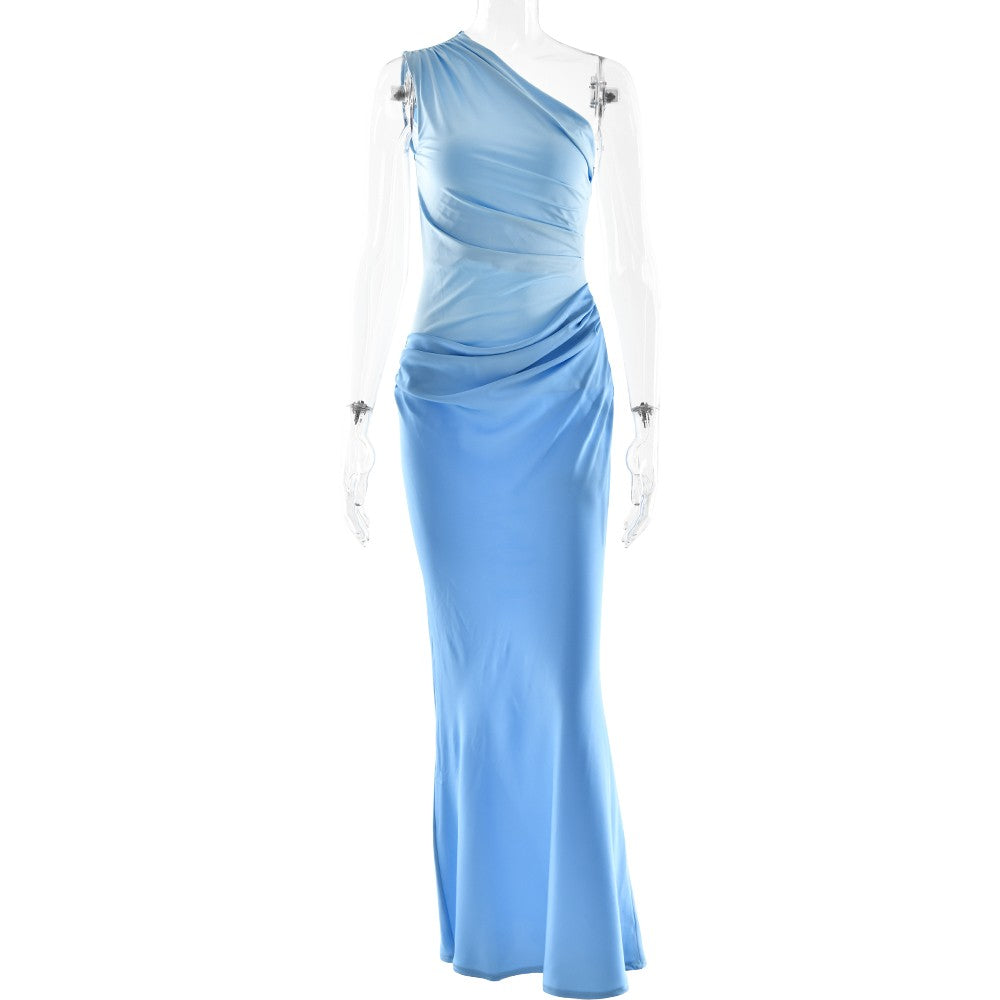 JULISSA MO Patchwork Satin Sexy One Shoulder Women Maxi Dress Brown Sleeveless E
