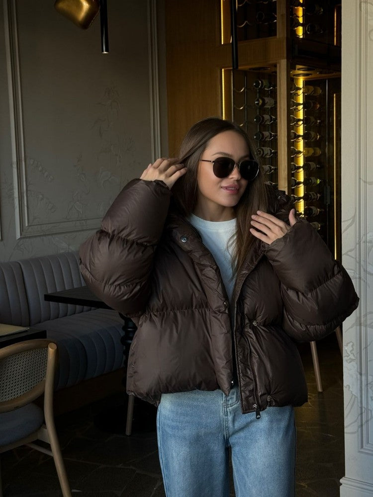 Women Brown Hooded Cotton Coat Fashion Lapel Full Sleeve Zipper Button Warm Loose Short Coats Lady Winter Casual Street Outwear