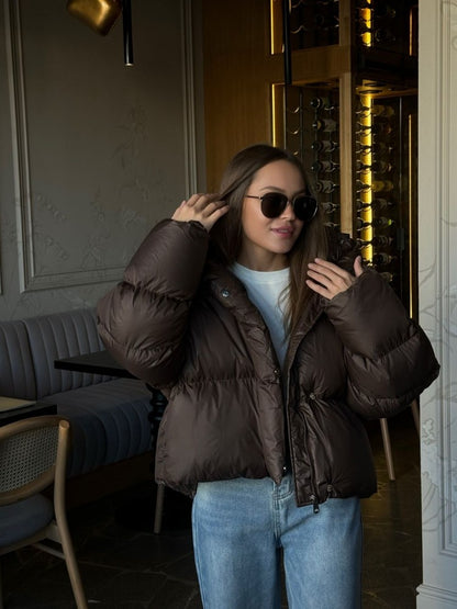 Women Brown Hooded Cotton Coat Fashion Lapel Full Sleeve Zipper Button Warm Loose Short Coats Lady Winter Casual Street Outwear