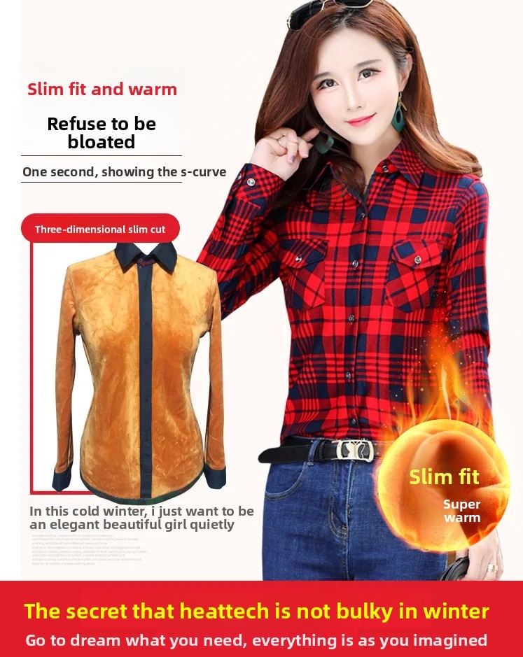 Women's Fleece Lined Long Sleeve Shirt Mid Length Thick Winter Warm Korean Style Elastic plus Size Plaid Patterned Button up