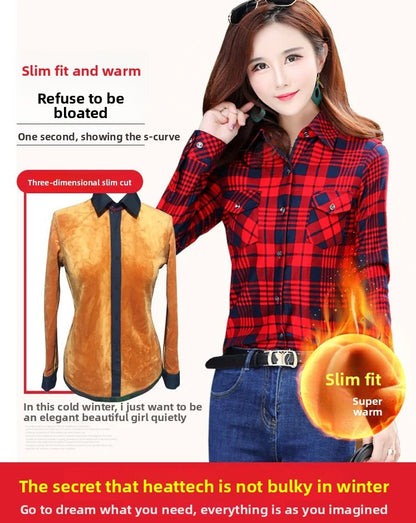 Women's Fleece Lined Long Sleeve Shirt Mid Length Thick Winter Warm Korean Style Elastic plus Size Plaid Patterned Button up